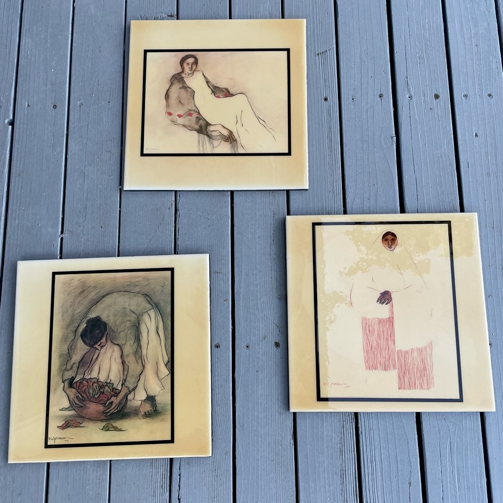 R C GORMAN, SET‎ OF 3 ART TILES, NATIVE AMERICAN INDIAN LADIES, 12" X 12"